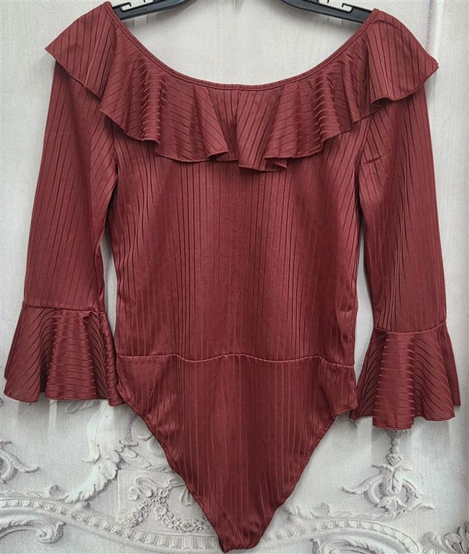 NWOT Lottie & Holly M Ruffled Scoop Neck Bodysuit Burnt Orange Ribbed 130267