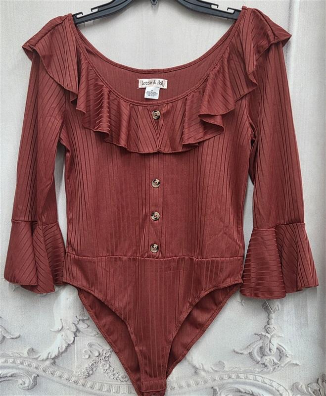 NWOT Lottie & Holly M Ruffled Scoop Neck Bodysuit Burnt Orange Ribbed 130267