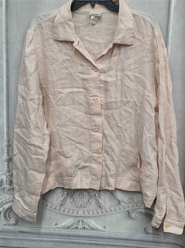 NWOT Eileen Fisher L Peach Waffle Linen Button Shirt Pockets 130269