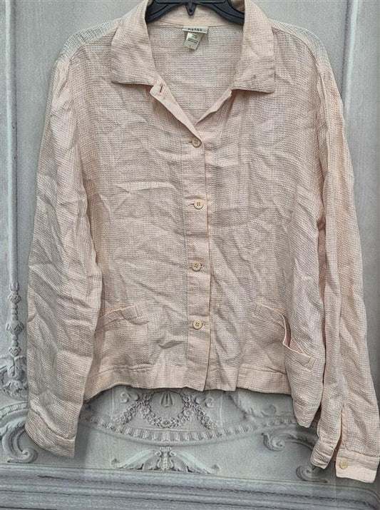 NWOT Eileen Fisher L Peach Waffle Linen Button Shirt Pockets 130269