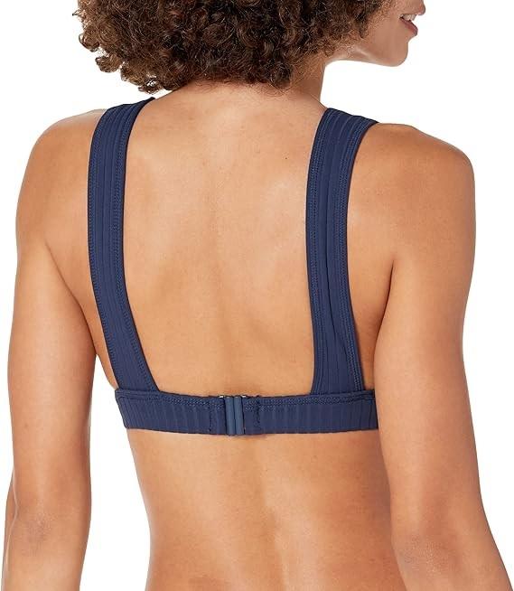 NWT Seafolly 10 USA Longline Inka Ribbed Tri Bikini Swim Top Blue 130273