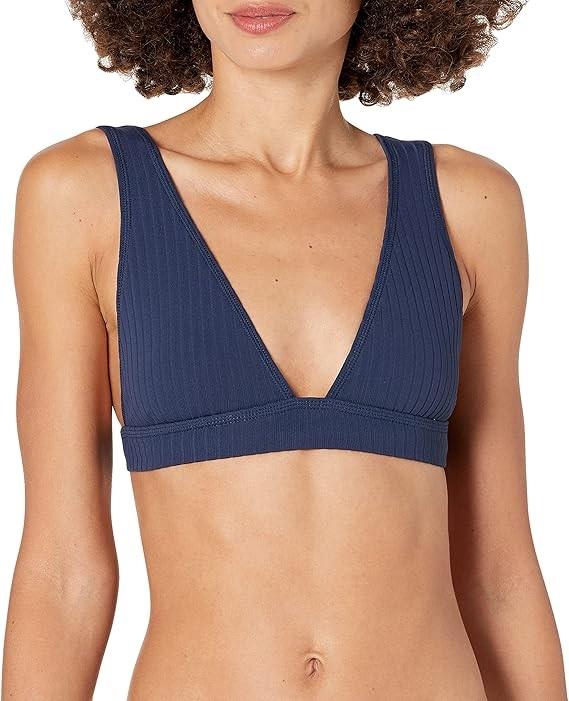 NWT Seafolly 10 USA Longline Inka Ribbed Tri Bikini Swim Top Blue 130273