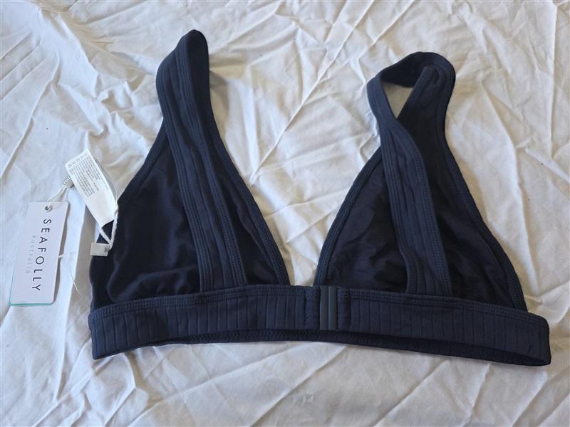 NWT Seafolly 10 USA Longline Inka Ribbed Tri Bikini Swim Top Blue 130273