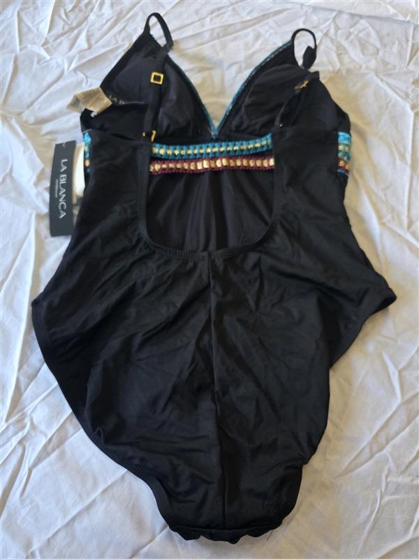 NWT La Blanca 12 Running Stitch Island Goddess 1PC Swimsuit Black 130275