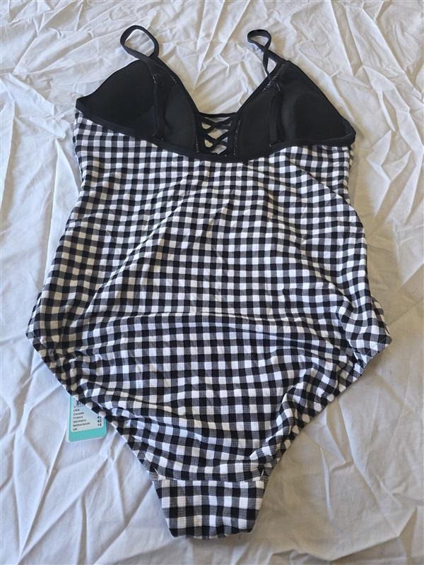 NWT Seafolly 12 US LA BELLE LACEUP MAILLOT 1pc Black White Check Swimsuit 130286