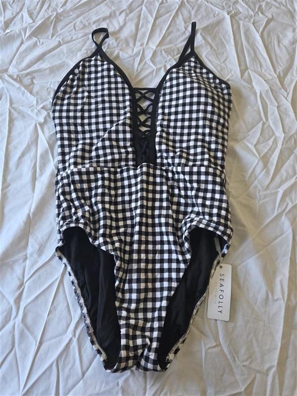 NWT Seafolly 12 US LA BELLE LACEUP MAILLOT 1pc Black White Check Swimsuit 130286