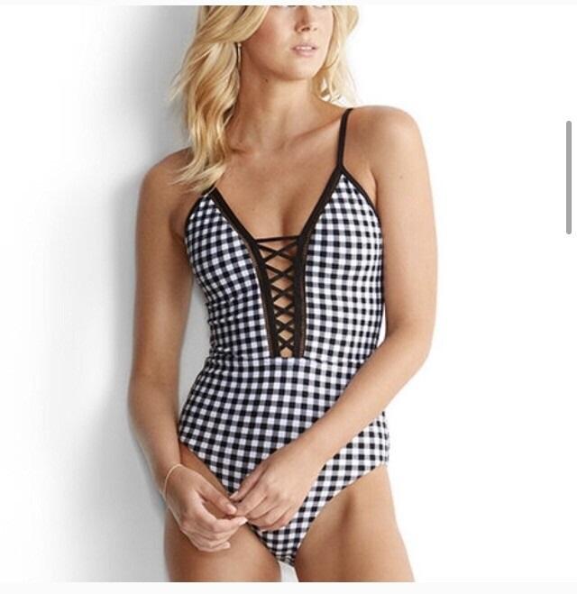 NWT Seafolly 12 US LA BELLE LACEUP MAILLOT 1pc Black White Check Swimsuit 130286