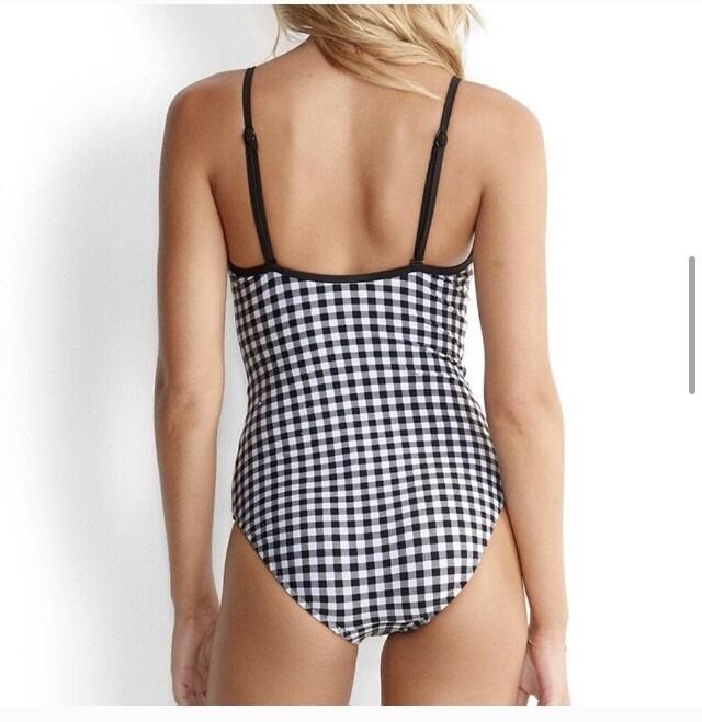 NWT Seafolly 12 US LA BELLE LACEUP MAILLOT 1pc Black White Check Swimsuit 130286
