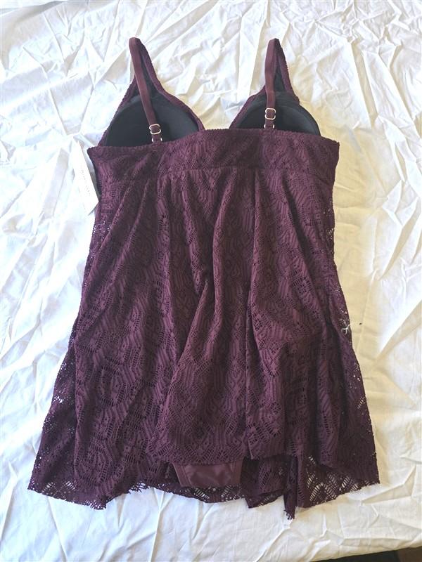 NWT Swimsuits for All 18 1 Pc V Front Swim Dress V neck Burgundy Crochet 130296