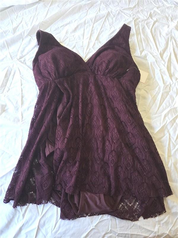 NWT Swimsuits for All 18 1 Pc V Front Swim Dress V neck Burgundy Crochet 130296