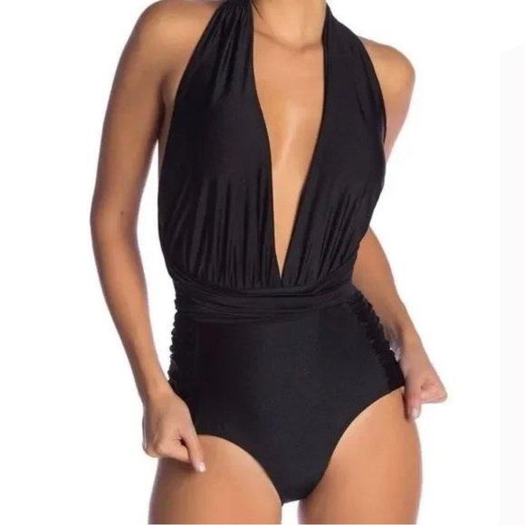 NWOT Nicole Miller Small 6 Way Convertible Deep V Swimsuit Black 130318