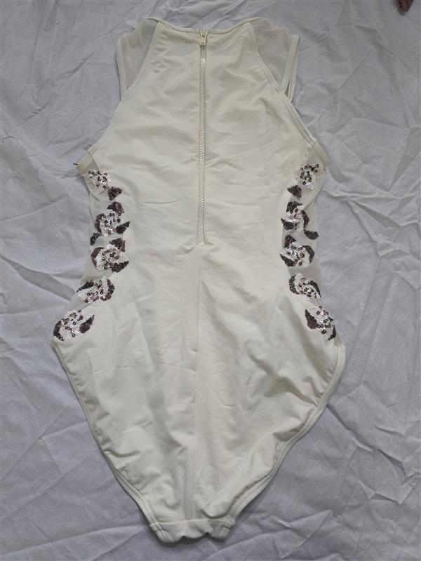 NWT Carmen Marc Valvo SZ 8 Hi Neck Sequin Zip Up 1PC Swimsuit Ivory 130320