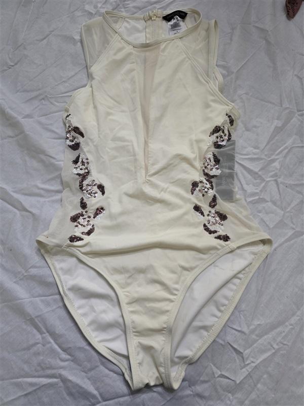 NWT Carmen Marc Valvo SZ 8 Hi Neck Sequin Zip Up 1PC Swimsuit Ivory 130320