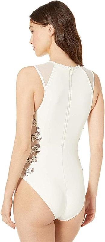 NWT Carmen Marc Valvo SZ 8 Hi Neck Sequin Zip Up 1PC Swimsuit Ivory 130320