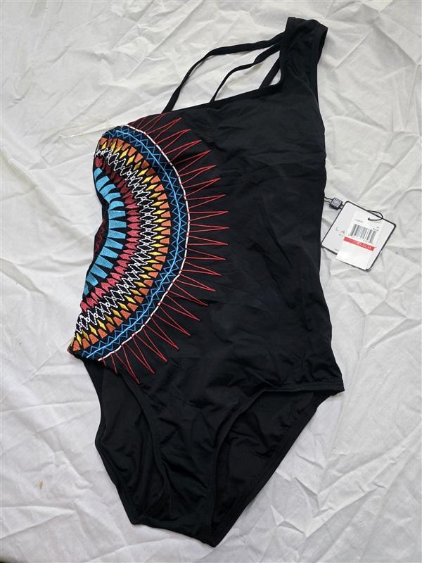 NWT LAUNDRY SEGAL XS Embroidery Strappy 1 Shoulder 1Pc Swimsuit Black 130321