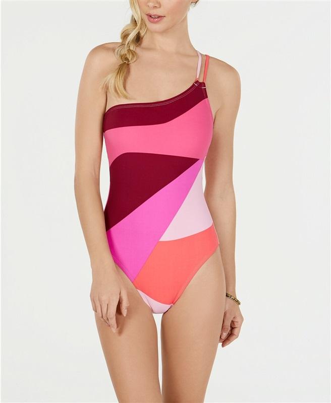 NWT La Blanca 6 1 Shoulder Lace up Color Block Hi Neck 1PC Black Swimsuit 130327