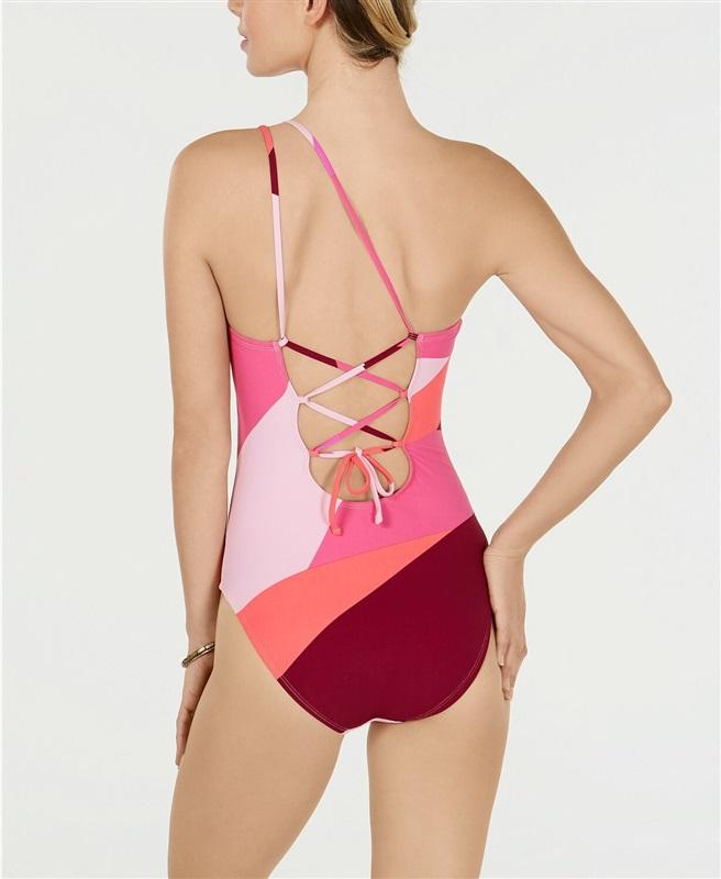 NWT La Blanca 6 1 Shoulder Lace up Color Block Hi Neck 1PC Black Swimsuit 130327