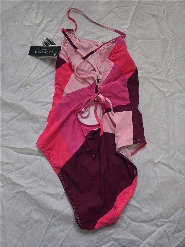 NWT La Blanca 6 1 Shoulder Lace up Color Block Hi Neck 1PC Black Swimsuit 130327