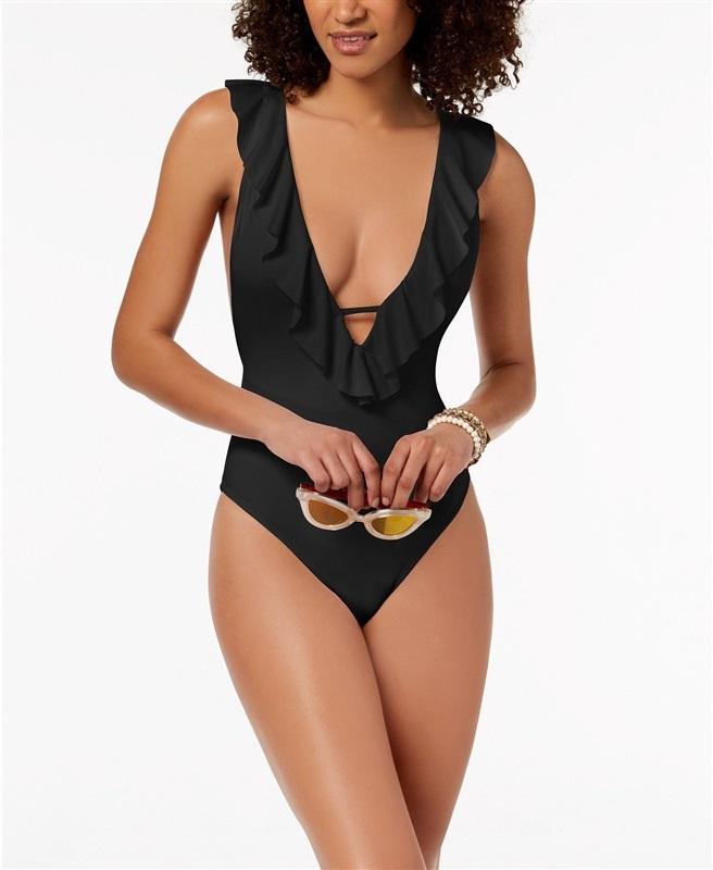 NWPT Bar III M Deep V Ruffle Halter 1PC Swimsuit Black 130329