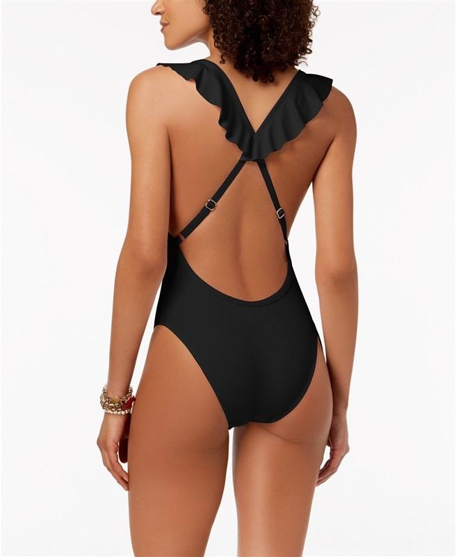NWPT Bar III M Deep V Ruffle Halter 1PC Swimsuit Black 130329