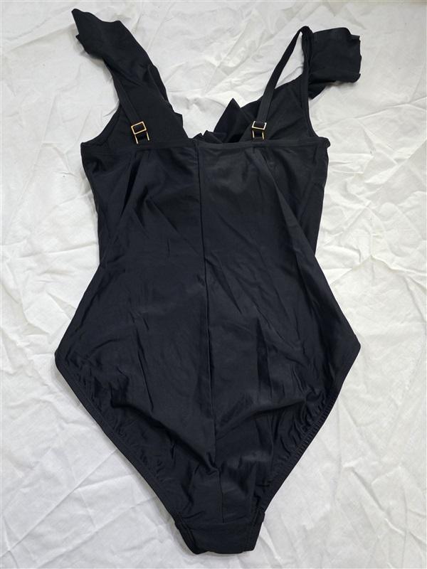 NWPT Bar III M Deep V Ruffle Halter 1PC Swimsuit Black 130329