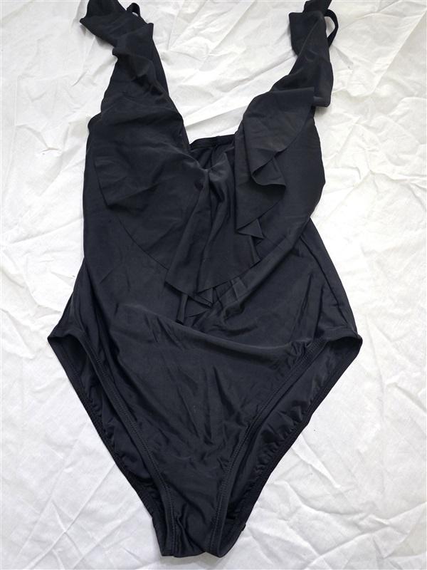 NWPT Bar III M Deep V Ruffle Halter 1PC Swimsuit Black 130329