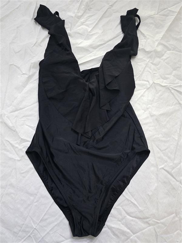 NWPT Bar III M Deep V Ruffle Halter 1PC Swimsuit Black 130329