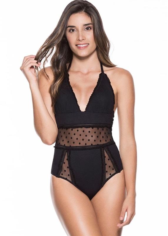 NWT OndadeMar S Caviar 1pc Deep V Polka Dot Mesh Black 130331