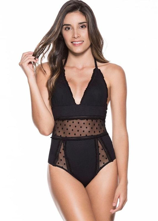 NWT OndadeMar S Caviar 1pc Deep V Polka Dot Mesh Black 130331