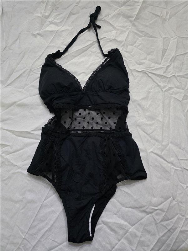 NWT OndadeMar S Caviar 1pc Deep V Polka Dot Mesh Black 130331