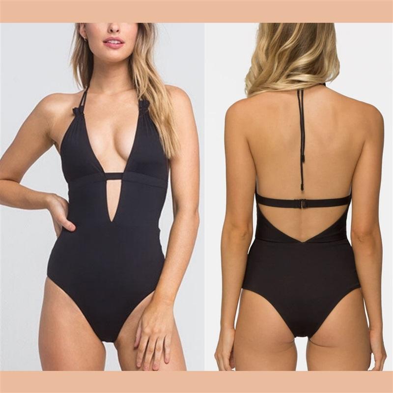 NWOT Tavik + Large Emme Deep V-Neck 1PC Swimsuit Black Stripe 130332