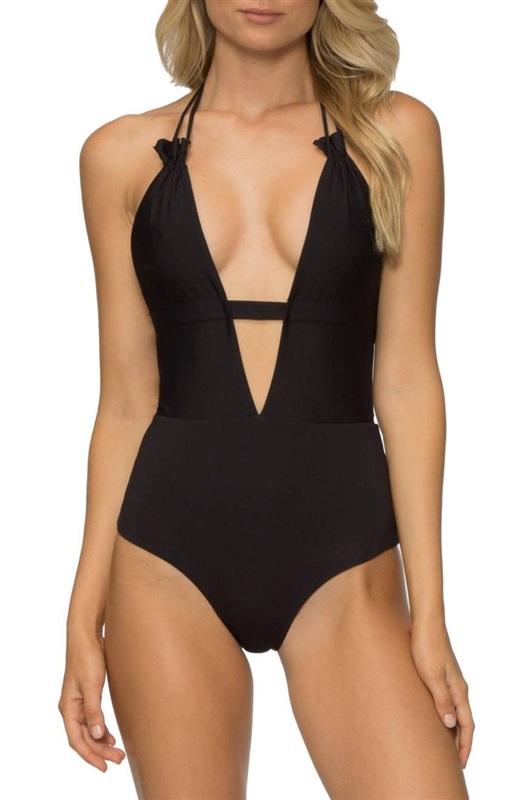NWOT Tavik + Large Emme Deep V-Neck 1PC Swimsuit Black Stripe 130332