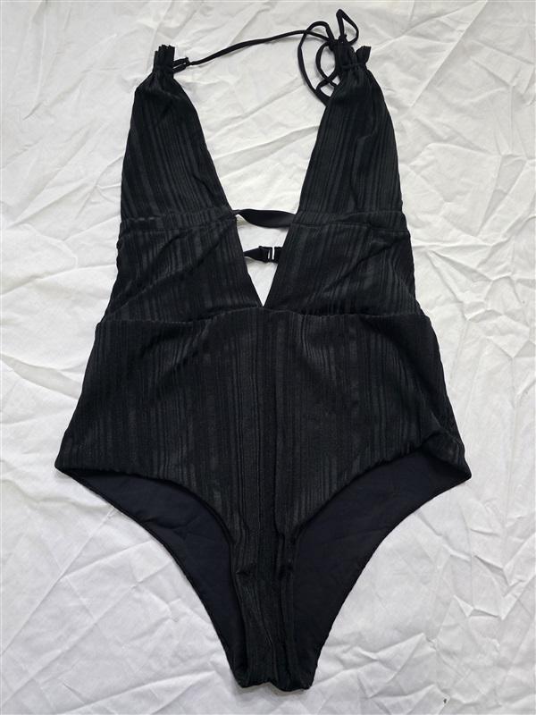 NWOT Tavik + Large Emme Deep V-Neck 1PC Swimsuit Black Stripe 130332