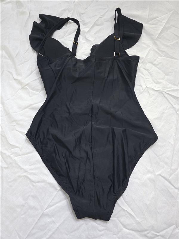 NWOTD Bleu by Rod Beattie 6 Ruffle V Neck 1PC Black Swimsuit 130334