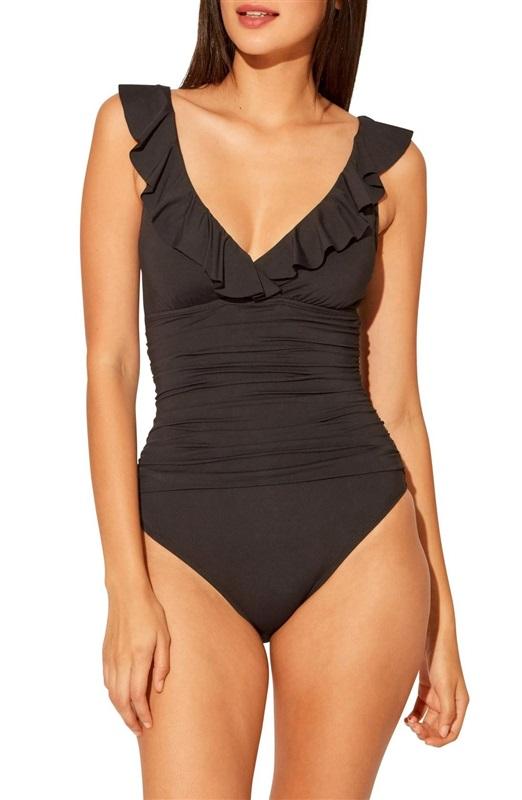 NWOTD Bleu by Rod Beattie 6 Ruffle V Neck 1PC Black Swimsuit 130334