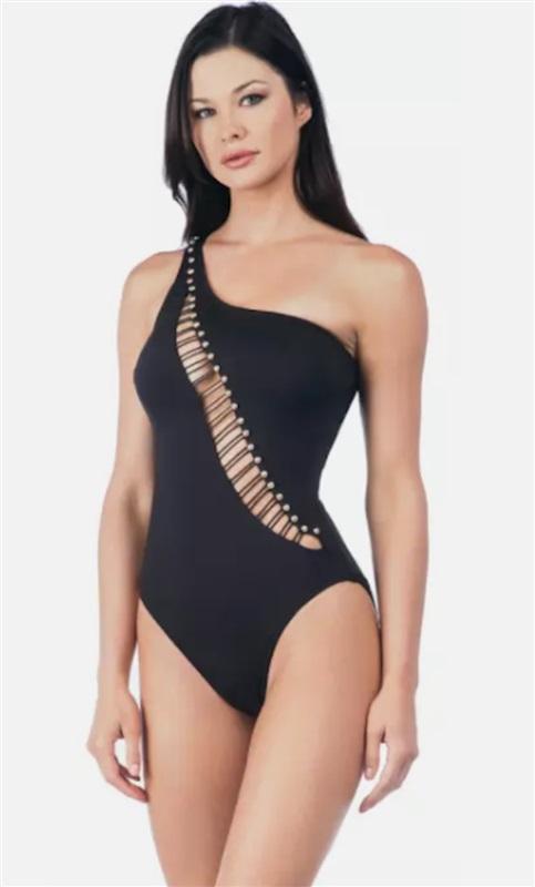 NWOT Kenneth Cole M One shoulder Button Cut Out Black 1 PC Swimsuit 130337