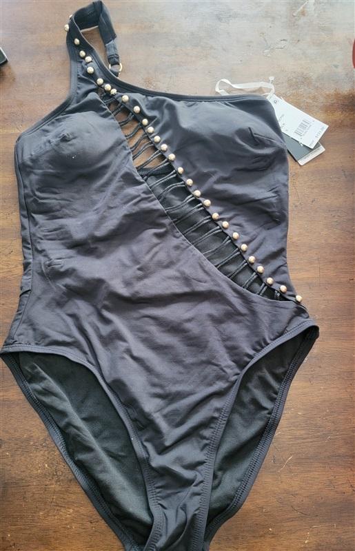 NWOT Kenneth Cole M One shoulder Button Cut Out Black 1 PC Swimsuit 130337
