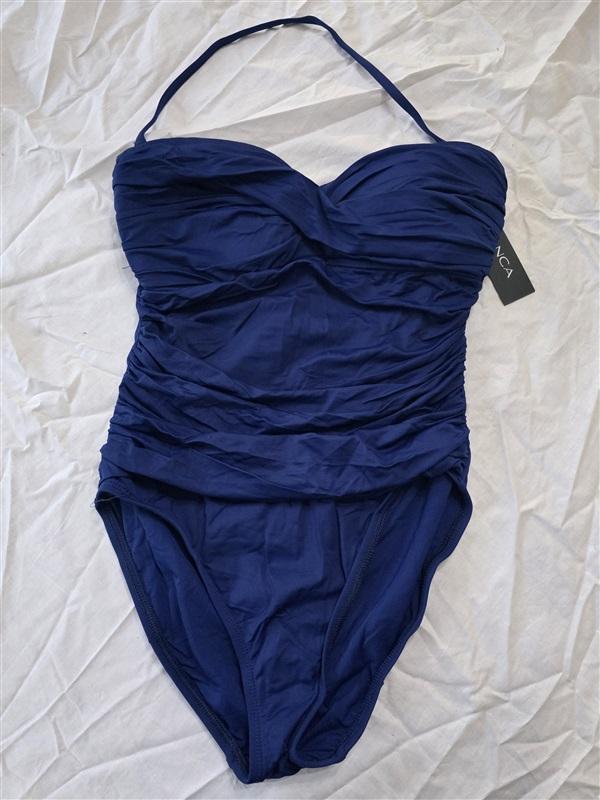 NWT La Blanca 6 Island Goddess V Neck Twist Front 1Pc Swimsuit Blue 130339