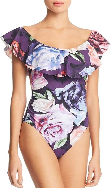 NWT La Blanca 12 Island Goddess Off Shoulder Ruffle 1PC Swimsuit Purple 130363