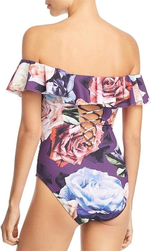 NWT La Blanca 12 Island Goddess Off Shoulder Ruffle 1PC Swimsuit Purple 130363