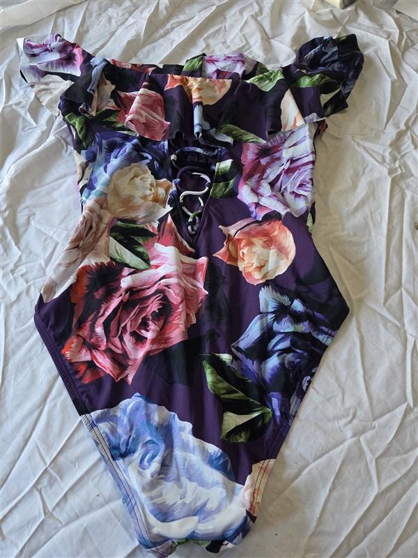 NWT La Blanca 12 Island Goddess Off Shoulder Ruffle 1PC Swimsuit Purple 130363