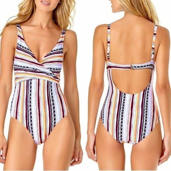 NWOT Anne Cole 12 Underwire Striped V Neck 1PC Swimsuit 130364