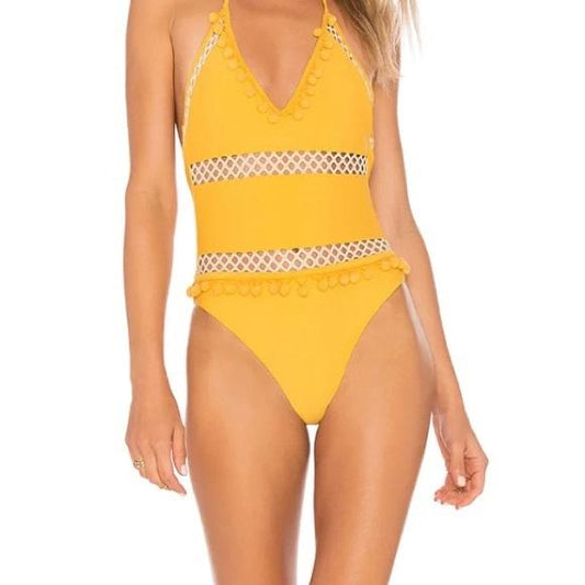 NWT Tularosa MD Nina 1PC Swimsuit Crochet & Pom-Pom Yellow 130368