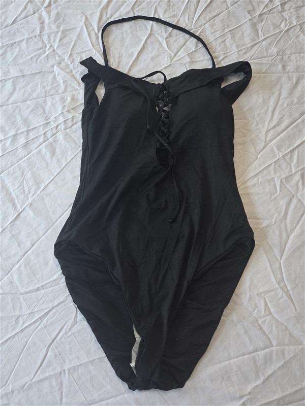 NWPT Bar III M Solid Lace-Up Off The Shoulder Black 1PC Swimsuit 130372