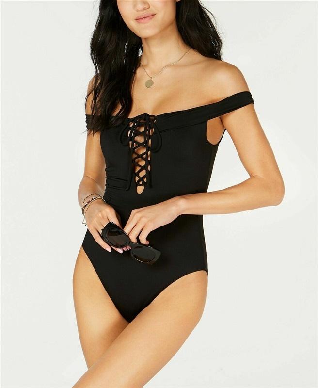 NWPT Bar III M Solid Lace-Up Off The Shoulder Black 1PC Swimsuit 130372