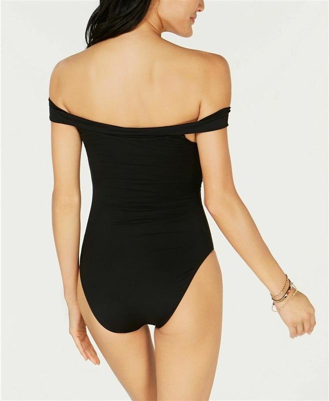 NWPT Bar III M Solid Lace-Up Off The Shoulder Black 1PC Swimsuit 130372