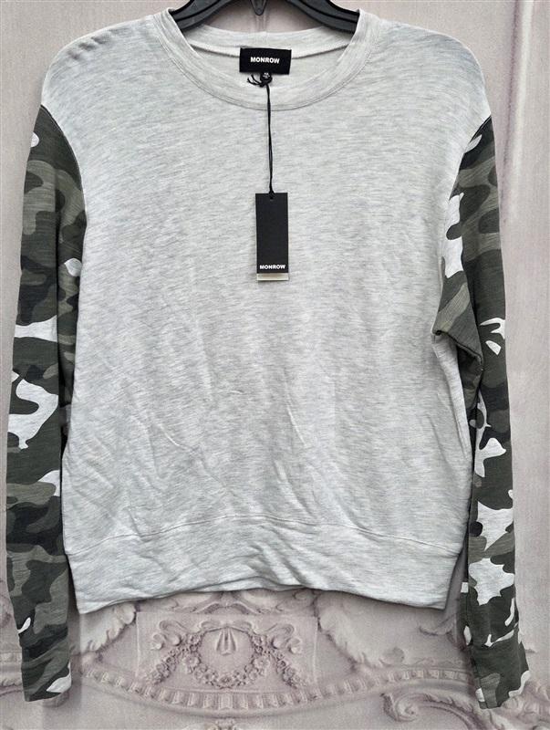 NWT Monrow XS Sweatshirt T Shirt Grey Camo Long Sleeve Slub 130377
