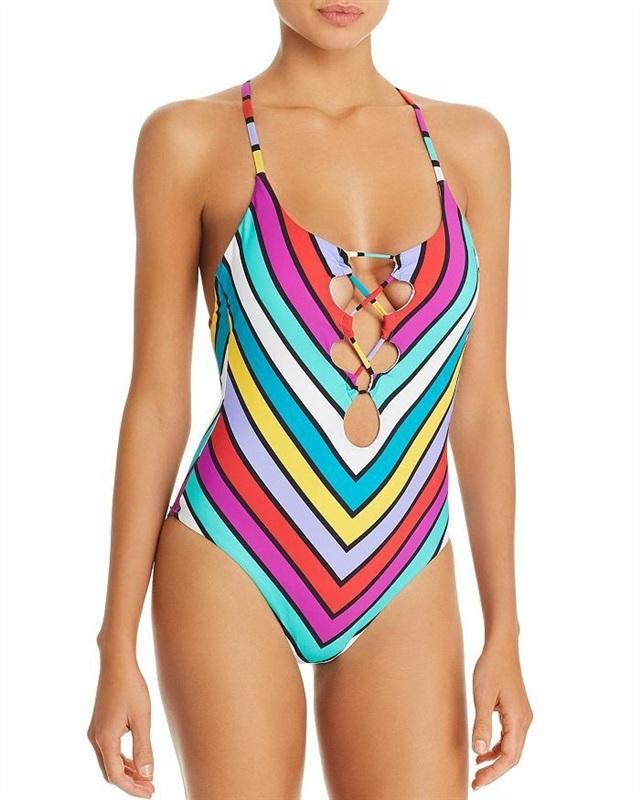 NWT Red Carter M Lace-up Keyhole Rainbow Striped 1PC Swimsuit 130378