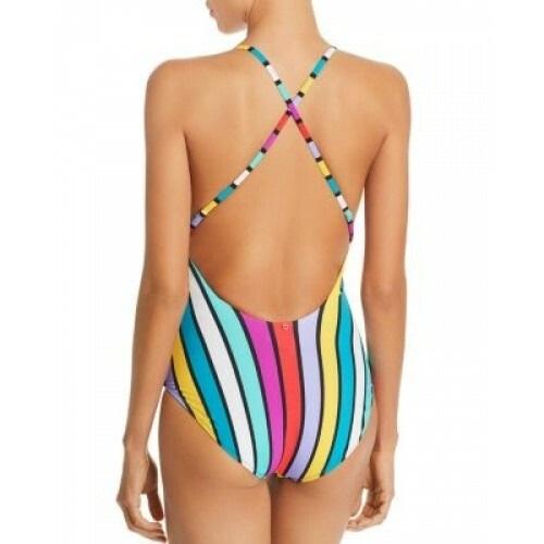 NWT Red Carter M Lace-up Keyhole Rainbow Striped 1PC Swimsuit 130378