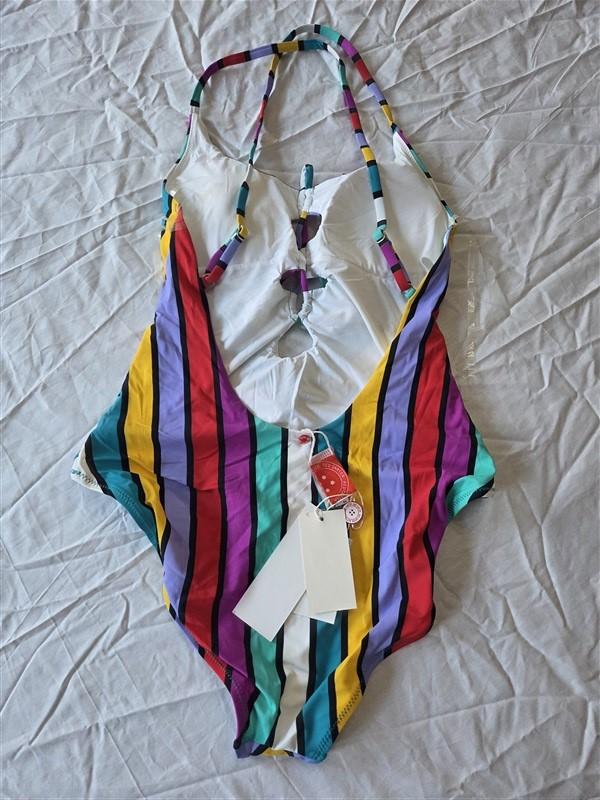 NWT Red Carter M Lace-up Keyhole Rainbow Striped 1PC Swimsuit 130378